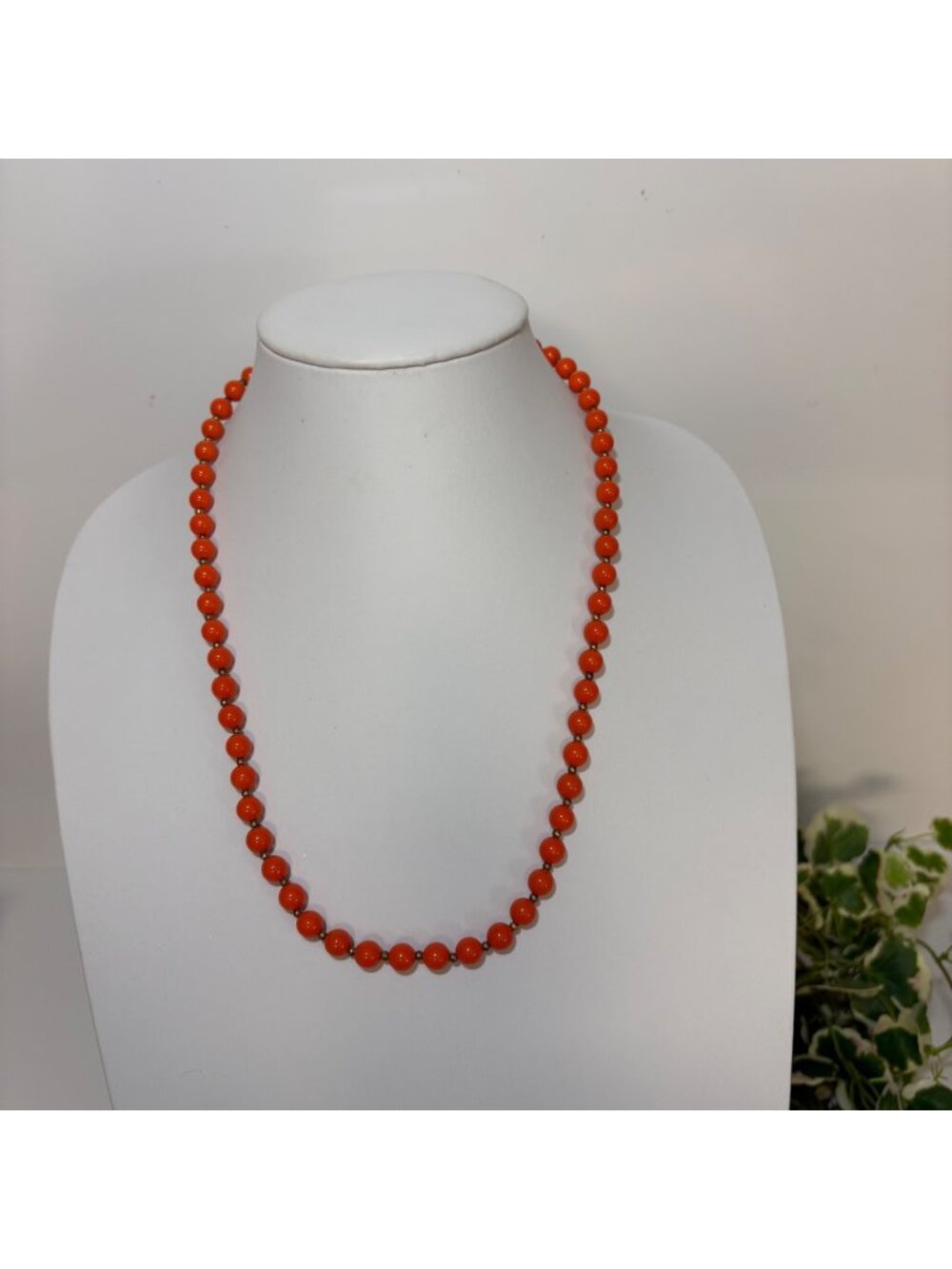 Orange Single Strand Beaded Necklace Bronze Separators 24 in Classic Vintage